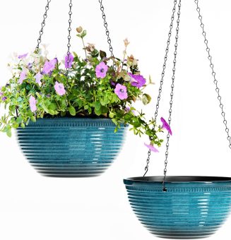 2 Pack Hanging Planters for Indoor Outdoor Plants, 10 Inch Hanging Planter with Drainage Hole & Plug Glazed Hanging Baskets Flower Pots for Garden Home (Blue)