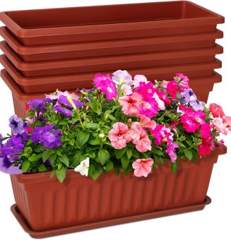 6 Packs Window Box Planter, 17 Inches Flower Window Box Rectangular Plastic Vegetable Planters with Trays for Windowsill, Patio, Garden, Balcony, Brick Red