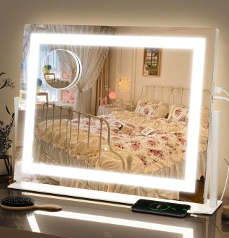 FENNIO Vanity Mirror with Lights 22''x18'' Makeup Mirror with Lights,Lighted Makeup Mirror with 10X Magnification and USB,Smart Touch Screen with 3-Color Lighting,Dimmable(Square White)