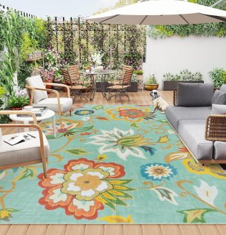 Lahome Floral Indoor Outdoor Rug 8x10, Non Slip Outdoor Patio Rug for Camping Picnic, Portable Large Outdoor Rugs for Balcony Deck Backyard, RV Mat Outdoor Carpet for Living Room Bedroom,Multi