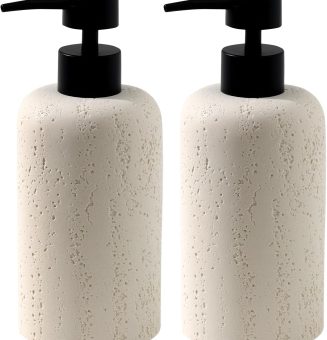 Soap Dispensers Yukon Gold 340mL 11 OZ, 2 PCS Luxurious Hand Dish Lotion Shampoo Soap Dispenser Jar, Travertine Soap Pump Bottles for Kitchen Bathroom Countertop (Cream)